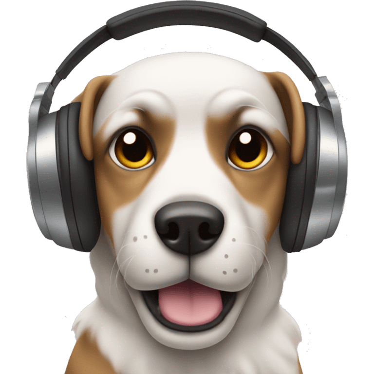 Dog listening to music with headphones on and his hands on them emoji