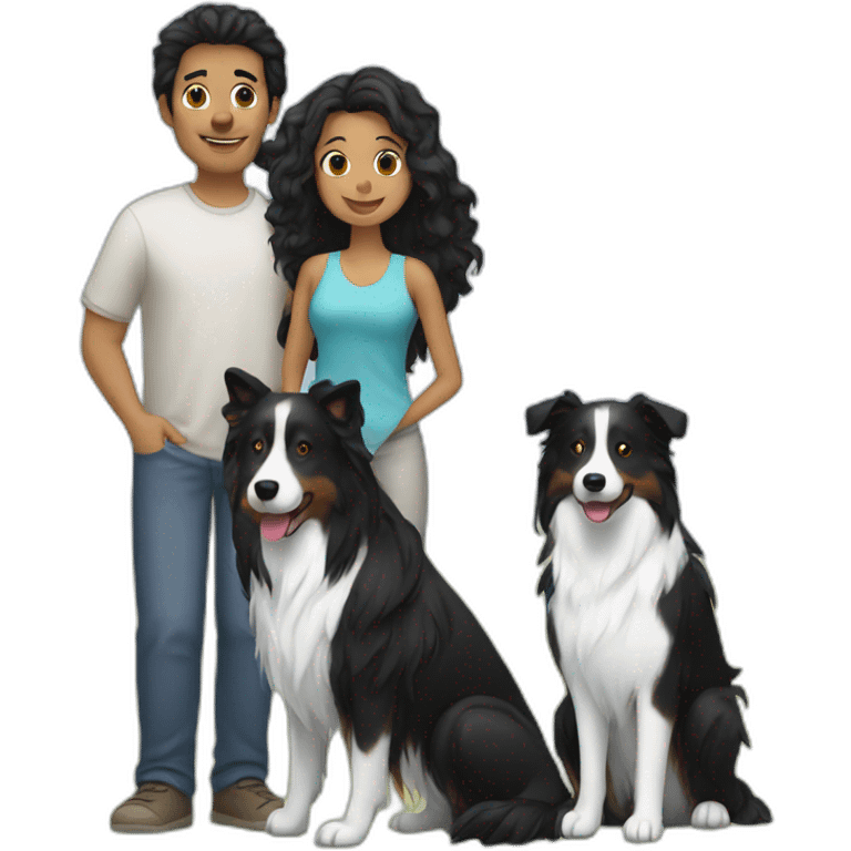 Family, man, long black hair woman and small black border collie emoji