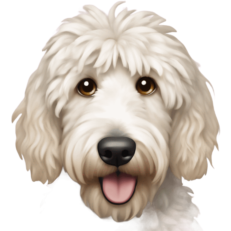 Shaggy large White Goldendoodle with Mohawk and  with tan on ears eating birthday cake  emoji