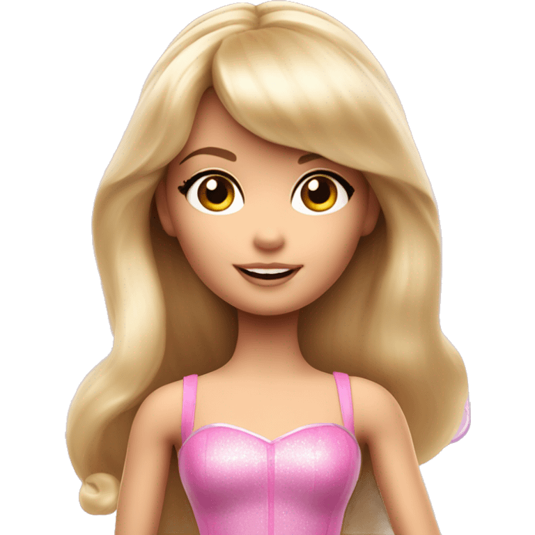 Blonde Barbie with full bangs and long hair and hazel eyes flying dressed as a fairy with a wand emoji