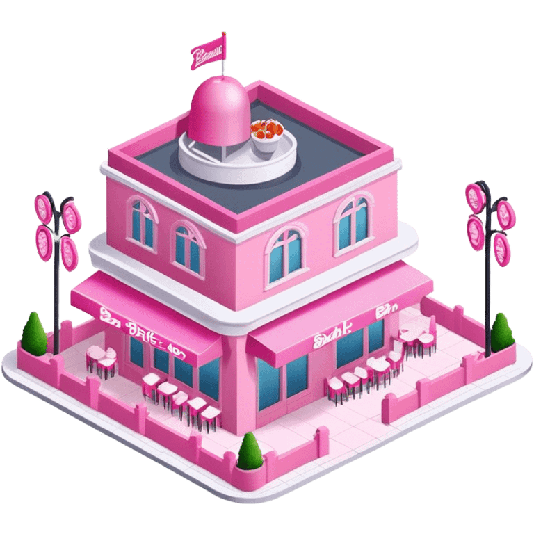 Isometric exterior view of Barbie pink fancy restaurant emoji