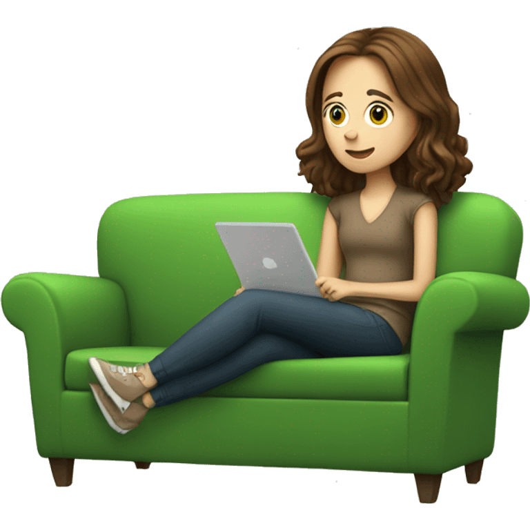 White Girl Brown hair watching iPad on a Green Couch emoji