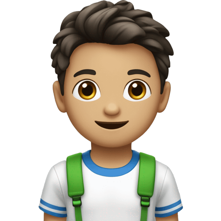 Niño caritaturesco de piel Blanca de cabello cafe despeinado con camisa verde,pantalones negros y tenis azules diciendo hola emoji