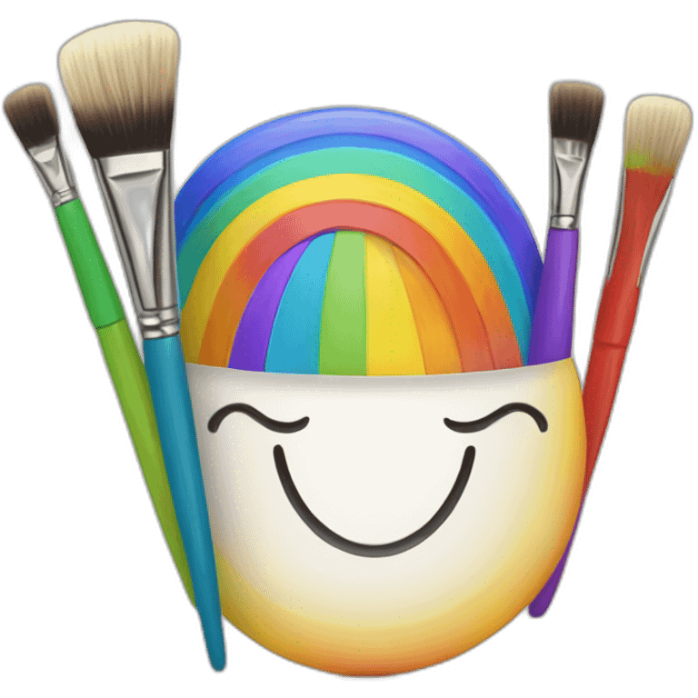 A smiling rainbow with paintbrushes as arms emoji