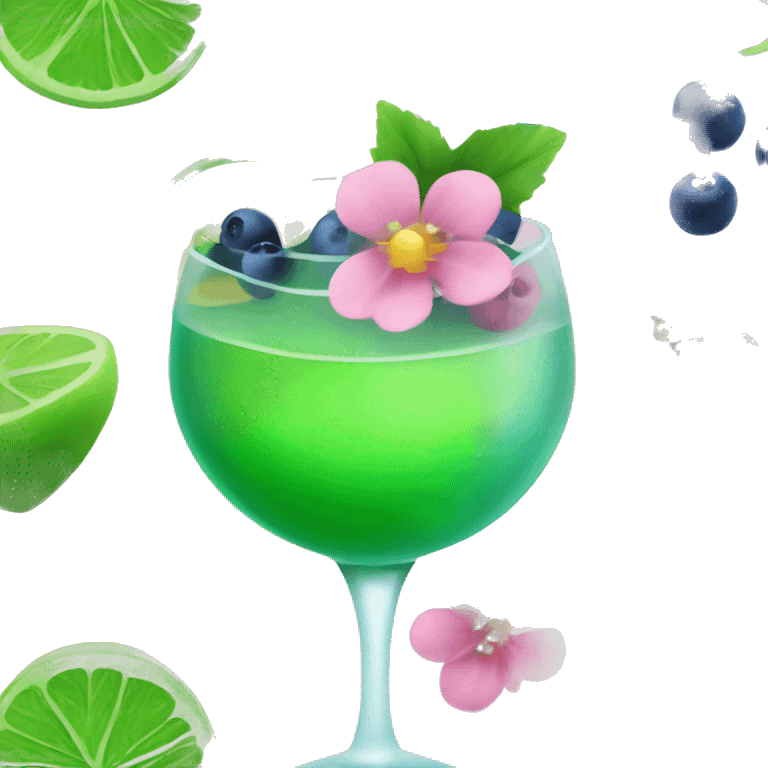 Green cocktail with blue mix and pink little flowers with blueberries  emoji