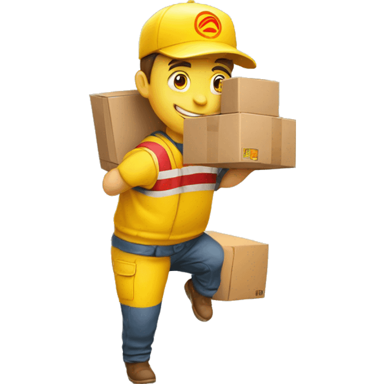 a delivery person with a yellow outfit with some red lines like the DHL logo. The delivery person carry somes carton boxes. emoji