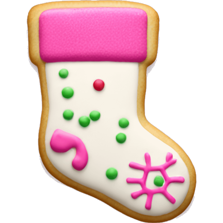 christmas sugar cookie shaped like a stocking and decorated with pink   emoji