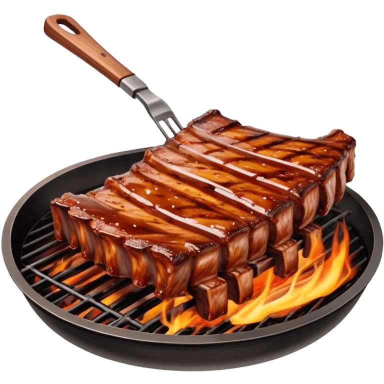 Cinematic juicy grilled ribs, glistening with smoky barbecue sauce, charred edges, tender meat falling off the bone, sizzling on a hot grill, mouthwatering and rich, warm and inviting, ultra-realistic and delicious. emoji