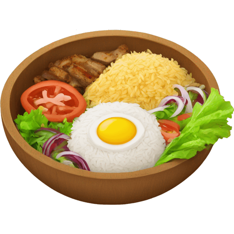 a wood bowl with rice in the middle, kebab, and salad emoji