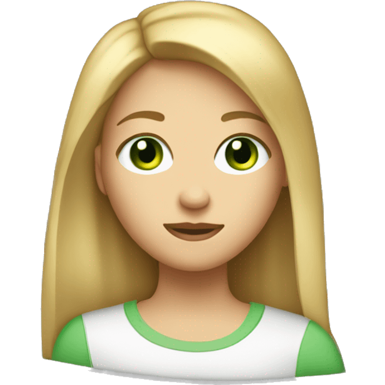 A blond/brown hair teenager with green eyes in front of a mac computer. emoji