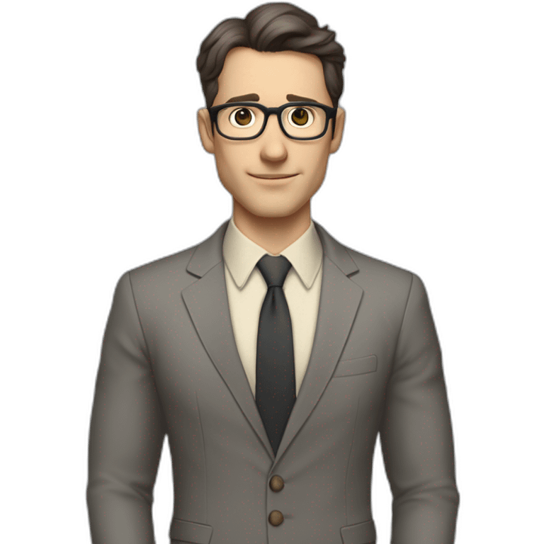 Full height Pale skinned Fit Man With dark brown hair in classic gray suit, beige office shirt, dark gray tie, and vintage glasses. Thrumbs of his palms directed up emoji