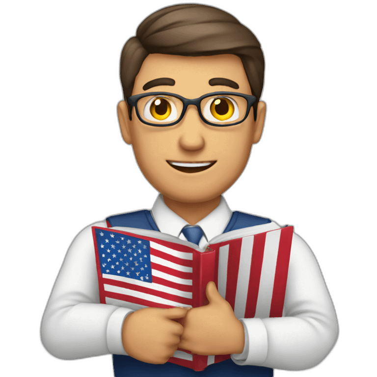 male english teacher with book and american flag emoji