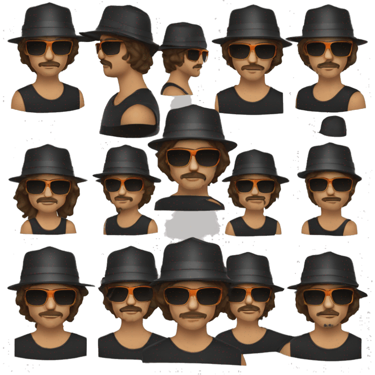 guy with shoulder length long brown hair and a mustache and a black bucket hat and black sunglasses with mirrored orange lenses emoji