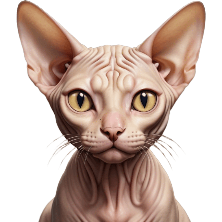 Cinematic Meme-Worthy Grumpy Sphynx Cat Portrait Emoji, Head held high but eyes filled with dramatic disappointment, hairless, wrinkled skin forming deep furrows of discontent, large ears positioned like tiny radar dishes of judgment, signature scowling mouth and narrowed eyes radiating pure disapproval, Simplified yet hilariously over-exaggerated features, highly detailed, glowing with an aura of supreme annoyance, high shine, exhausted yet judgmental, stylized with an almost regal pettiness, bright but brooding, soft glowing outline, capturing the essence of a feline that has seen it all and is thoroughly unimpressed, so meme-worthy it feels like it could instantly become the next viral sensation of grumpiness! emoji