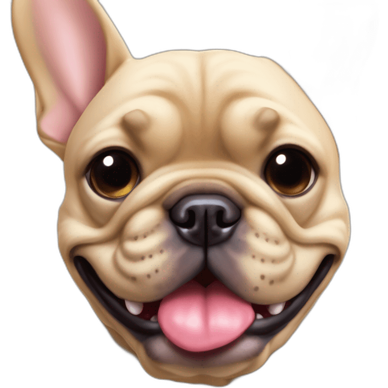 head shot of fat tan french bulldog with tongue out with dark jowels emoji