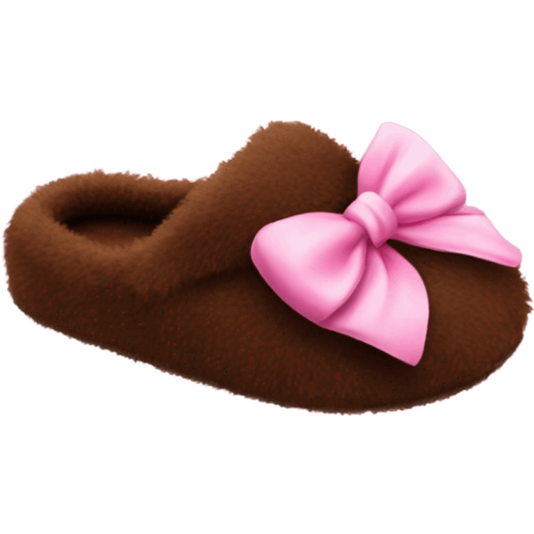 Brown fluffy slipers no back and with a pink bow emoji