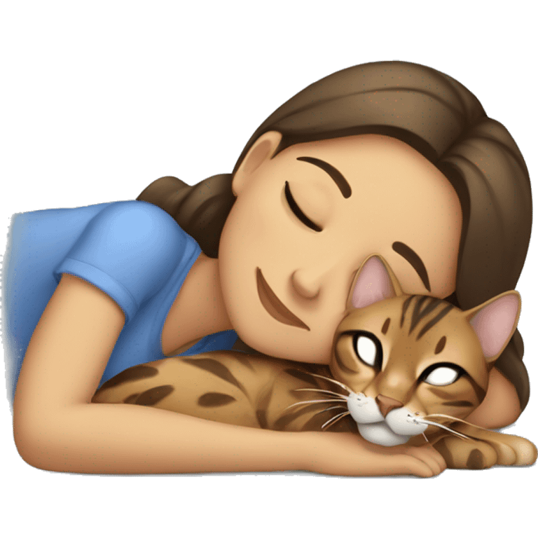 LIGHT skin brunette girl sleeping with bengal cat emoji