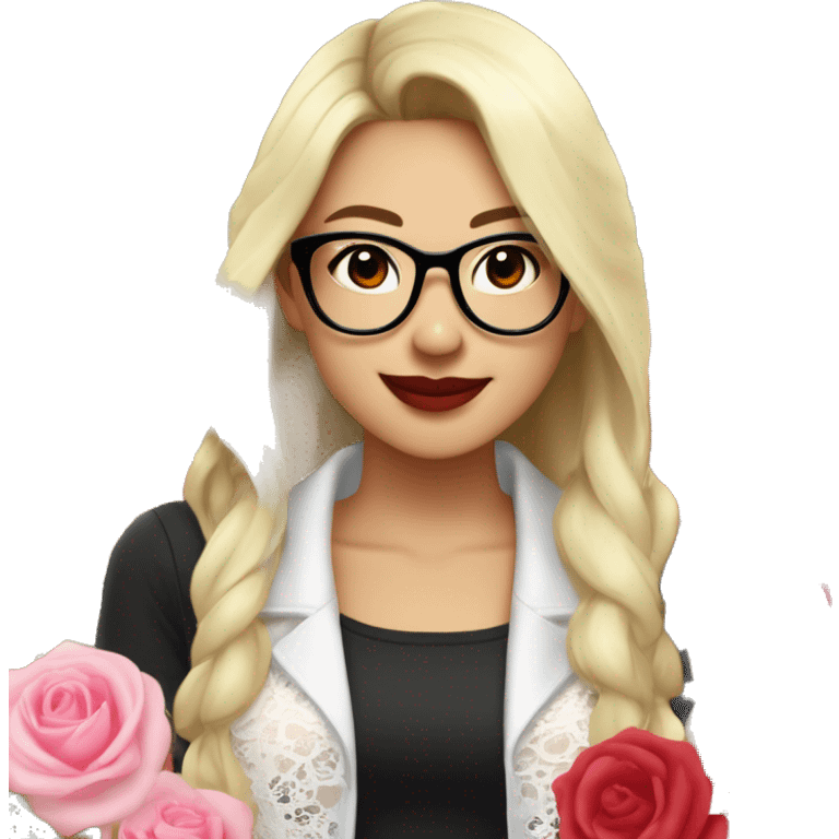 Asian girl, smiling with teeth and dimples on the cheeks, fair skin, black long hair, black eyes, black glasses with gold frames, red lipstick, wearing a white lace tank top and a black office jacket on top, with pink and red roses around her. emoji