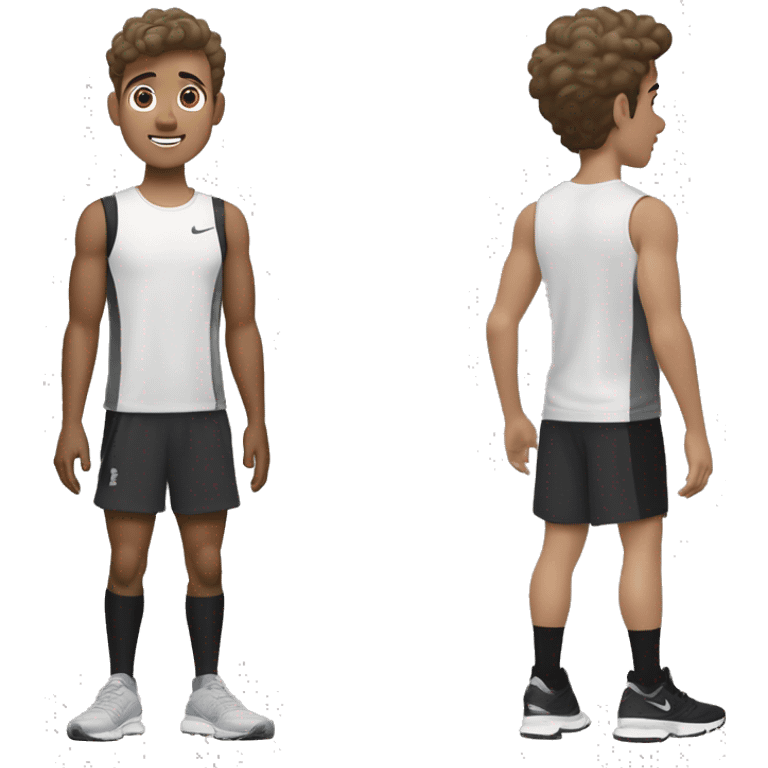 A very little tanned white boy with brown hair, short and a little wavy, with New Balance 1906R Grey, white Nike socks, a black Nike running jogging and a black Under Armour t-shirt. emoji