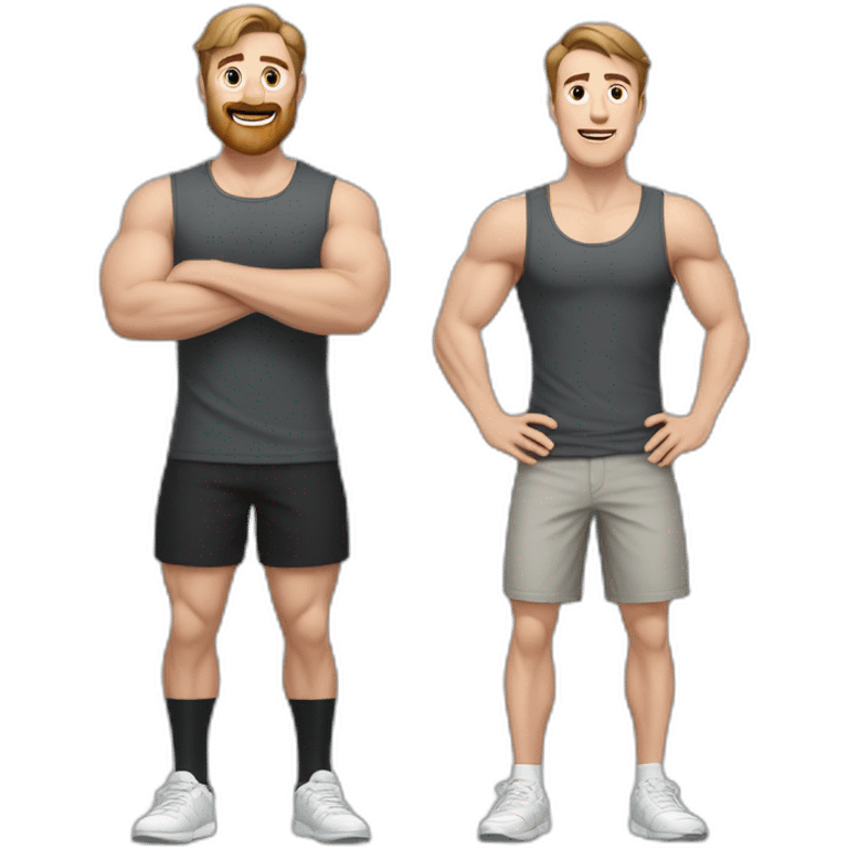 Full height Actively gesturing with hands Pale skinned Fit Man With the biceps and brown hair in dark gray Sleeveless Mike, black oversize sports shorts, watch and white Sneakers emoji