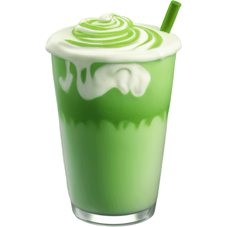 Beautiful vibrant green iced matcha latte with the green matcha on top and the milk at the bottom, the matcha swirls down  emoji