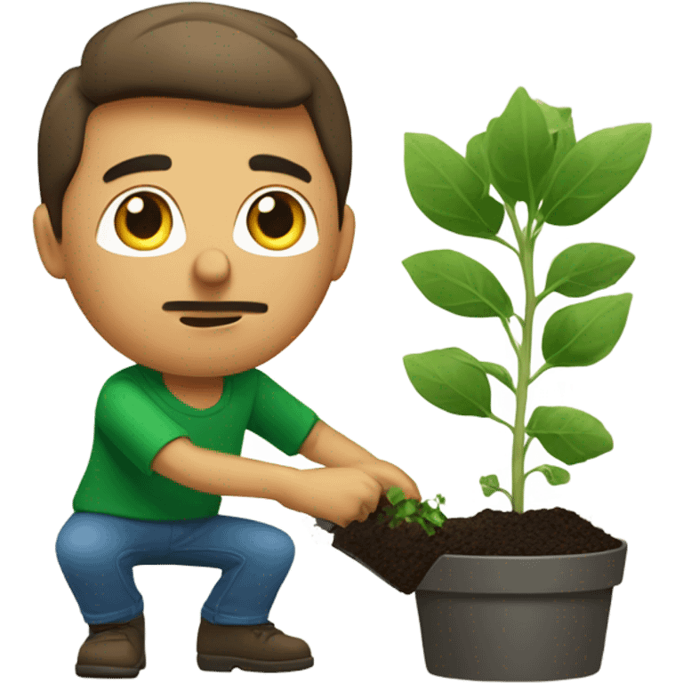 male portrait in green shirt repotting plants emoji