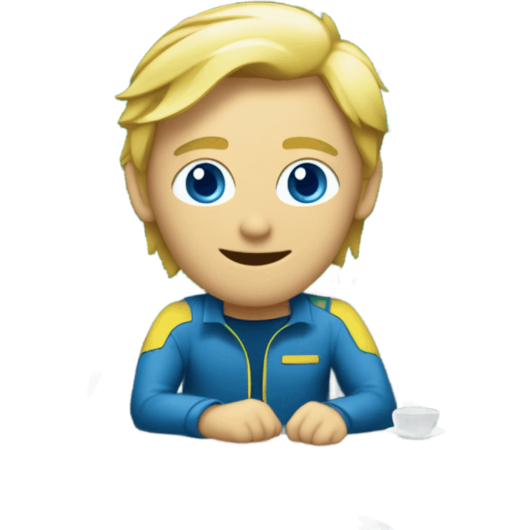 male, european blond with classs blue eyes, pcb laying on desk emoji