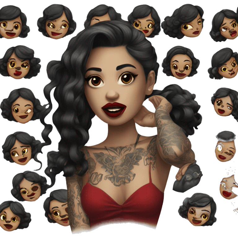 Pale black haired girl with black tattoos on body wearing red lipstick  emoji