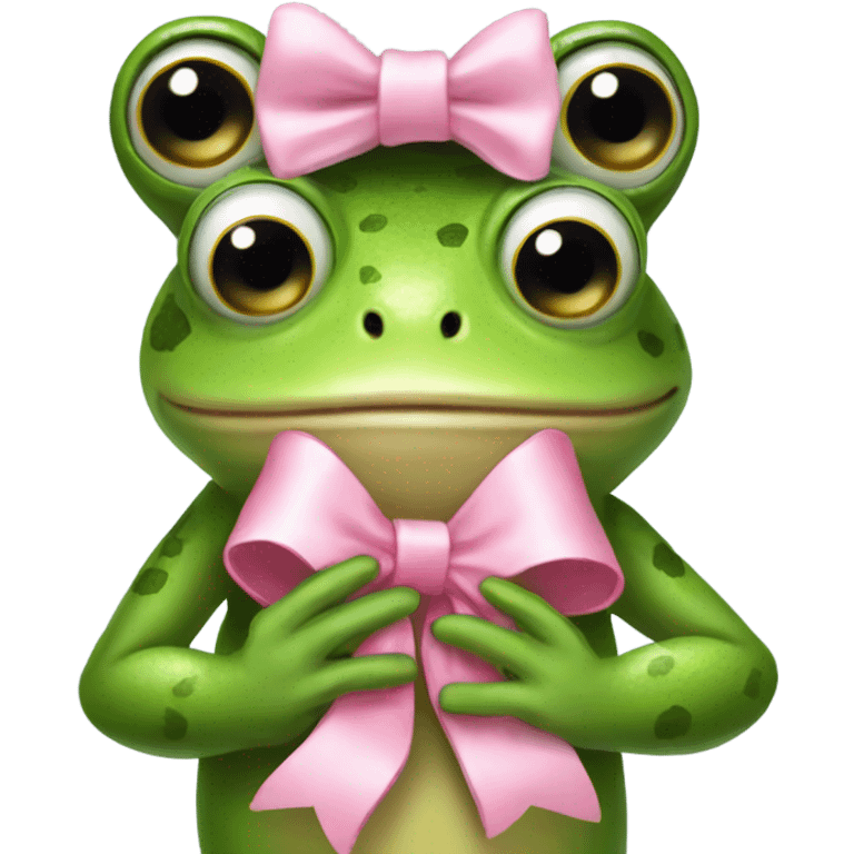 Frog wearing pink bow on head while holding teddybear in his hands emoji