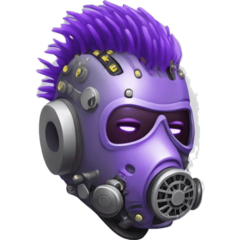 Purple mohawk cyborg head with grey respirator mask and circuits emoji