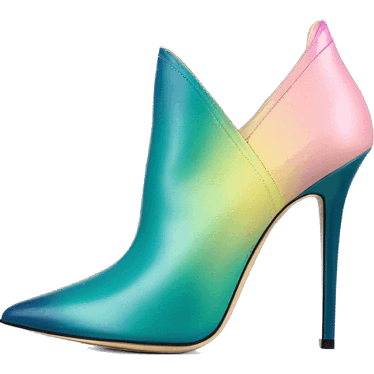 Realistic isolated top view of a pair of dark teal,pastel pink,pastel purple,and yellow ombre Jimmy Choo stiletto peep toe ankle boots. emoji