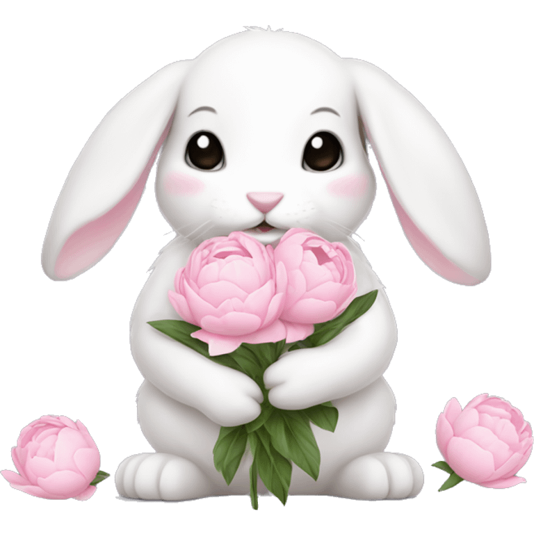 cute white bunny holding light pink peonies emoji