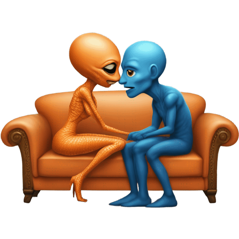 A reptilian alien woman in orange dress kissing human man in blue dress, on sofa emoji