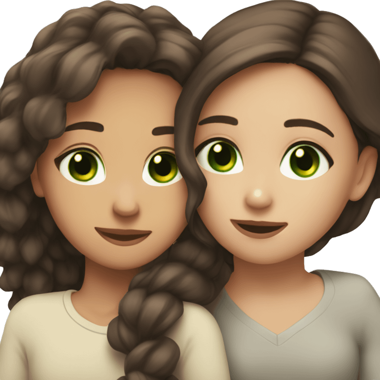 Brunette bffs hugging eachother one with brown eyes one with green eyes emoji