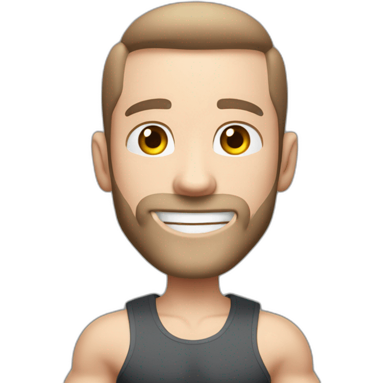 Close up Actively gesturing  with hands Pale skinned Fit Man With the biceps and brown hair in dark gray Sleeveless Mike, black oversize sports shorts, watch and white Sneakers emoji