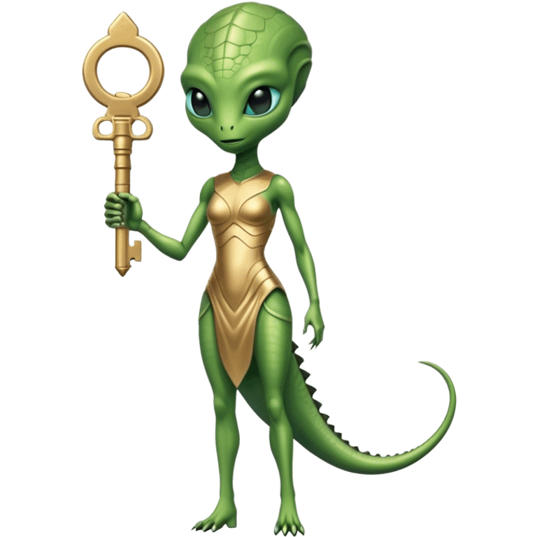 a reptilian alien woman full body, in gold dress, hold big key emoji