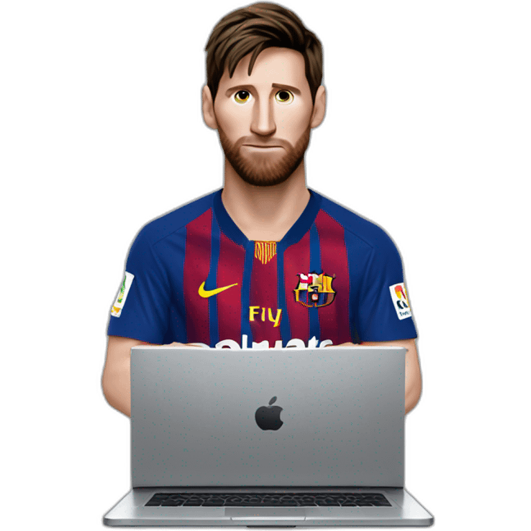 I want you to make a super realistic emoji of Messi while he is using a gray laptop, showing the laptop lid and Messi's face on top. emoji