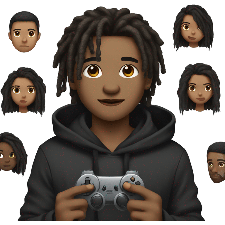 Black haired boy with dreads, brown eyes, fair skin, long lashes, big 2 toned lips, black hoodie, holding controller in arms emoji