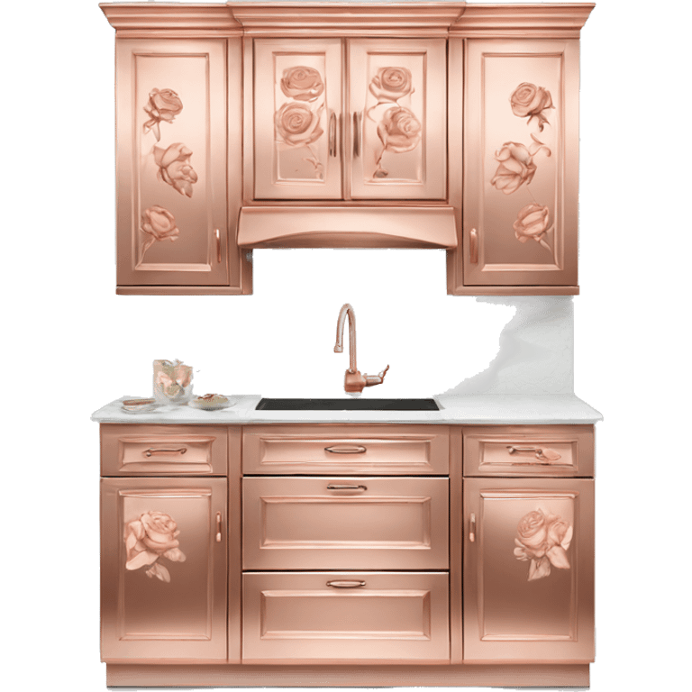 Realistic front facing rose gold hanging kitchen cabinets with flower pattern print on them. emoji