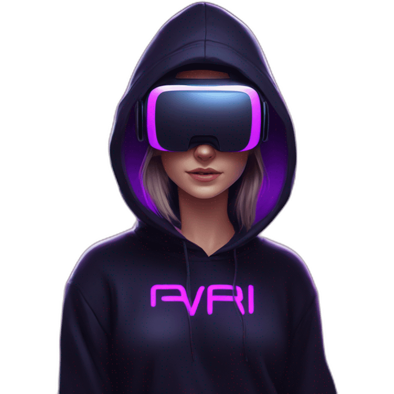 Russian student in the black hoody with violet letters "OMG VR" on it wearing vr headset. Cyberpunk style. Violet neon. emoji