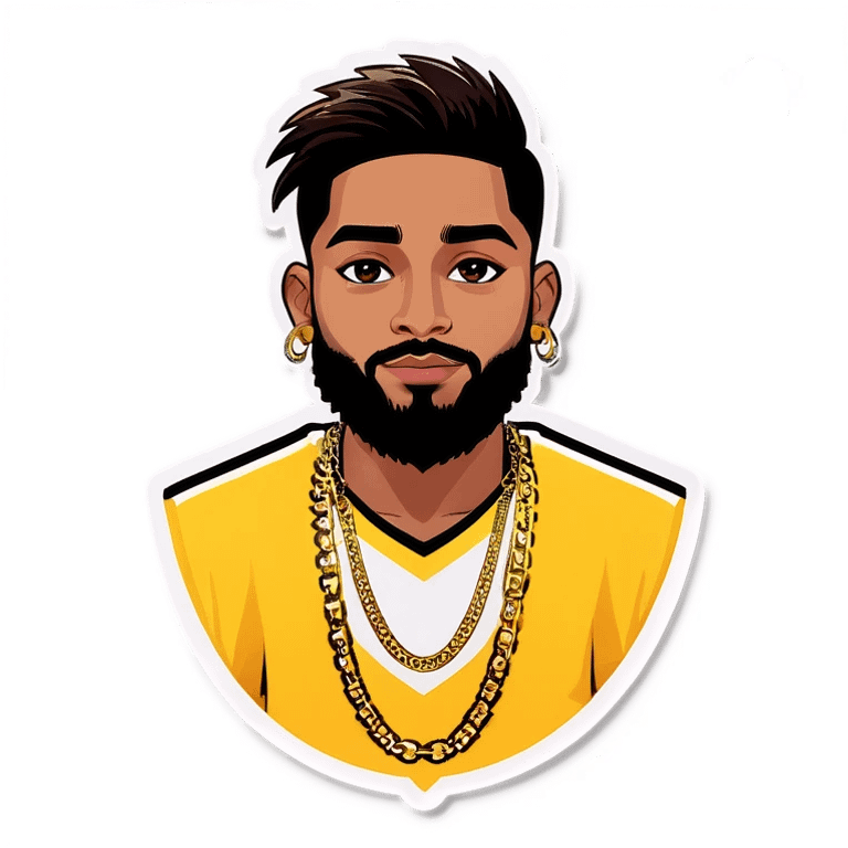 indian boy, with low taper fade and fluffy hair striahgt, , and a started beard, wearing gold chains, with earing.\ emoji