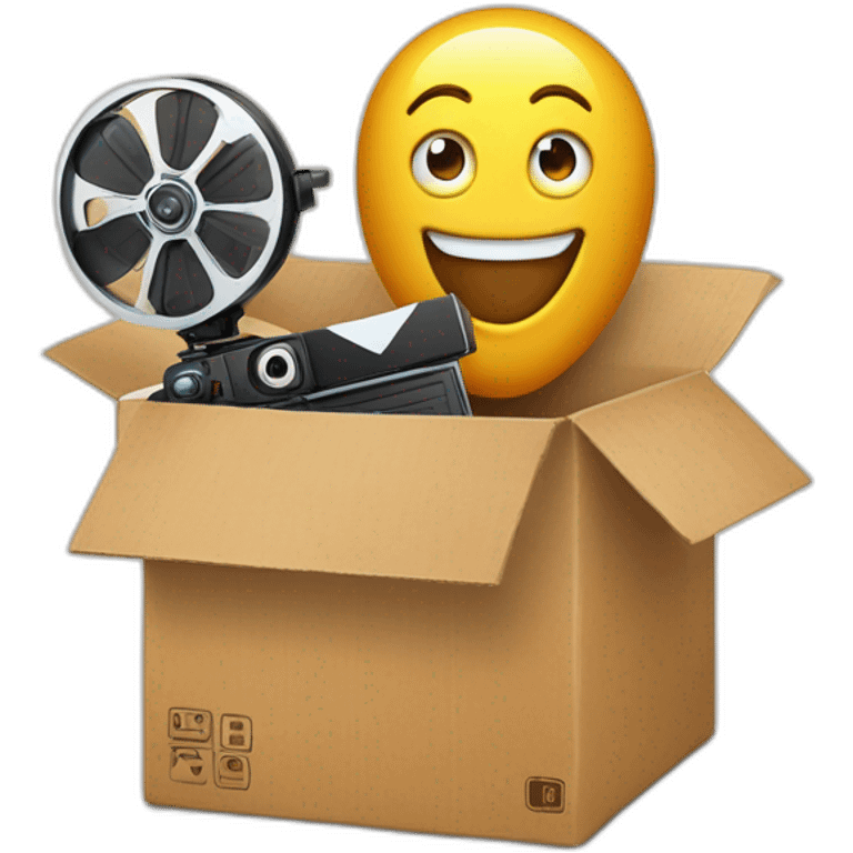 Video icons, movie camera, film, play, logos, likes, thumbs up, marks, views, coverage, applause fly out of a Cardboard box emoji