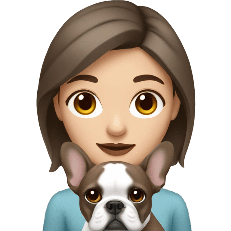 Brown haired women with brown eyes holding a grey french bulldog emoji