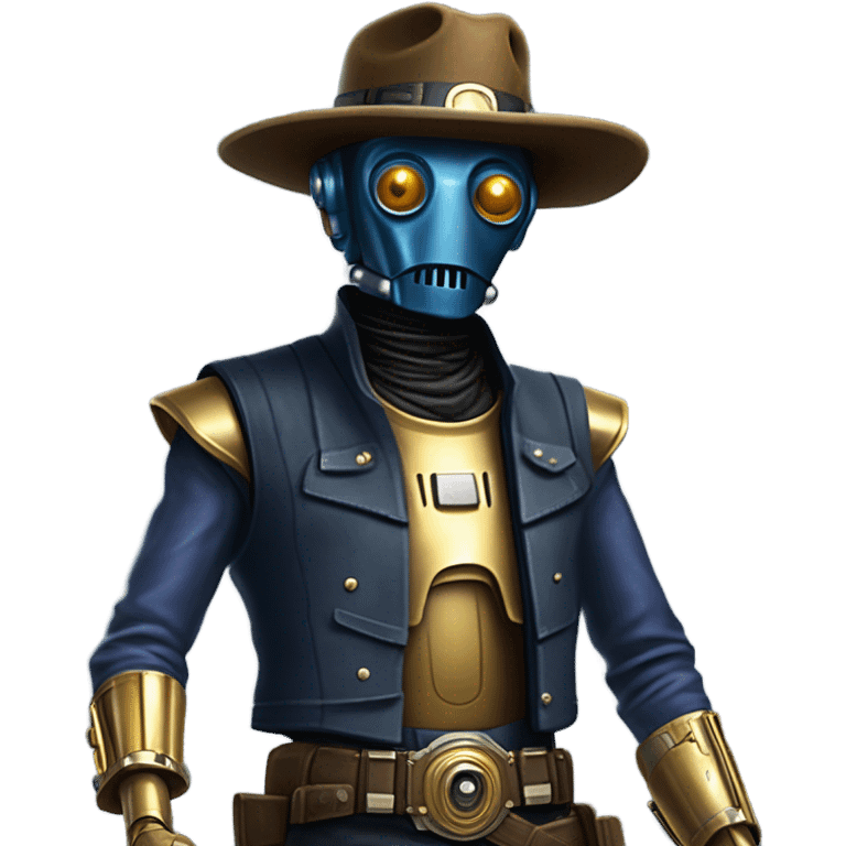 mean bounty hunter tarnished undercover tough well-equipped Jedi life-sized darkblue-pearl C3po leather vest clothing pants and vest old west duster coat holding light saber sheriff holstered gun hat floating emoji