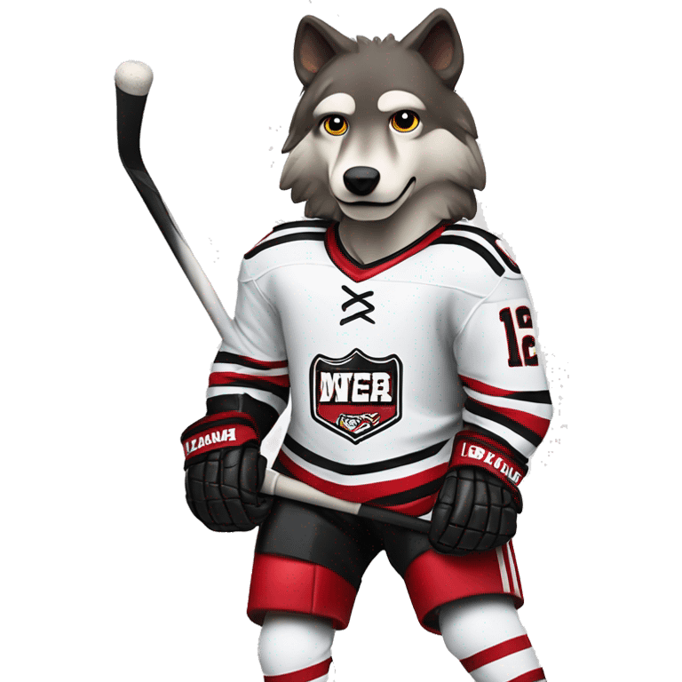 A wolf hockey player in a white red and black uniform holds a puck emoji