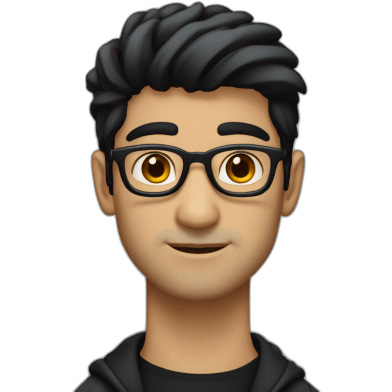 North Indian long faced white skinned male with glasses and black hair combed in front a bit and a small stub a little moustache showing up like zayn wearing a black tshirt black overcoat emoji