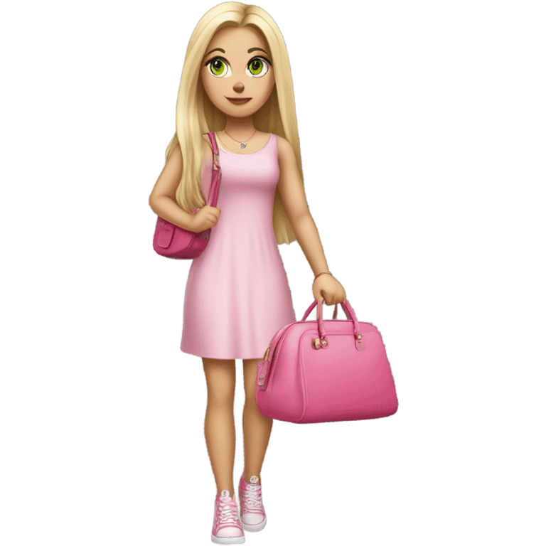 Realistic White girl with Long straight blonde hair, green eyes, tattoos, full body wearing pink dress, holding pink handbag emoji