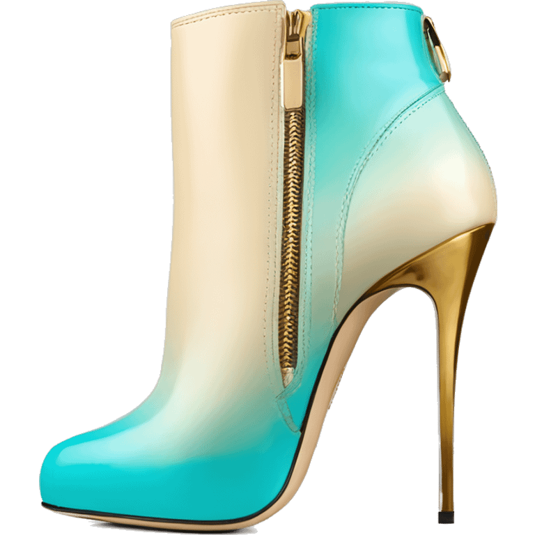 Hyper Realistic isolated forward top view of a pair of tiffany blue ,cream,and gold ombre Jimmy Choo zippered peppe toe Stiletto Heel ankle bootie boots. emoji