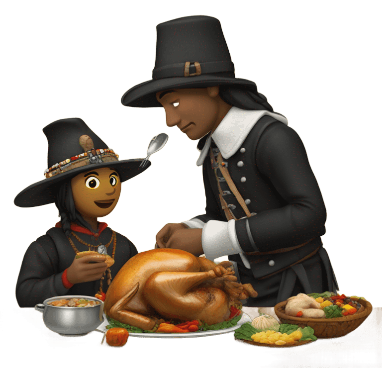 Pilgrim and Native American eating turkey emoji