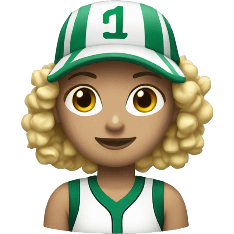 Blonde curly hair softball player wearing a visor  with green and white jersey  emoji